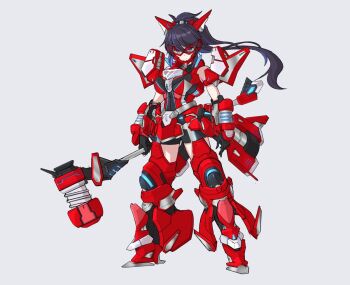  1girl armor black_gloves black_hair black_shorts blue_eyes blue_hair closed_mouth gloves hammer holding holding_hammer holding_weapon indie_virtual_youtuber kson kuramochi_kyouryuu long_hair looking_at_viewer multicolored_hair official_alternate_costume official_alternate_hairstyle official_art ponytail red_armor shorts solo streaked_hair tenga virtual_youtuber weapon white_background 