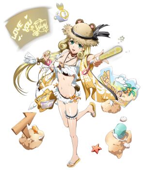  1girl :d animal_ears anniversary bag beach bear_ears bikini black_ribbon blonde_hair breasts bucket choker clam_shell cleavage earbuds earphones fake_tail floating floating_object frilled_bikini frilled_thigh_strap frills full_body game_cg glowstick green_eyes handbag hat hat_ribbon hat_with_ears highres holding holding_earbud holding_glowstick jewelry langrisser langrisser_mobile langrisser_v leg_up legs long_hair looking_at_viewer looking_up low-tied_long_hair medium_breasts navel necklace necklace_between_breasts official_alternate_costume official_art open_mouth orange_ribbon projector projector_screen rachel_(langrisser) removing_earbuds ribbon sand sandals seashell second-party_source shell sign simple_background smile solo standing standing_on_one_leg starfish stomach straw_hat swimsuit tachi-e tail thigh_strap towel towel_writing transparent_background variant_set very_long_hair wet white_bikini writing 