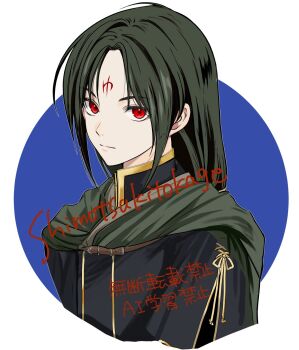  1boy black_hair commentary_request facial_mark fire_emblem fire_emblem:_path_of_radiance forehead_mark highres long_hair male_focus nintendo portrait red_eyes shimotsukitkg solo soren_(fire_emblem) 