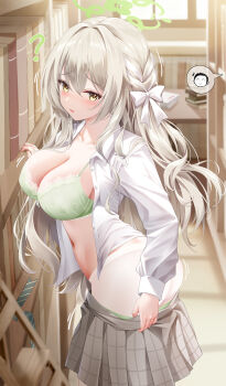  1girl ? absurdres ass blue_archive blush book bookshelf bow bowtie bra braid breasts cleavage clothes_pull collarbone commentary_request day doodle_sensei_(blue_archive) from_side furrowed_brow green_bra green_halo green_panties grey_hair grey_skirt hair_between_eyes hair_bow hair_intakes hair_ribbon halo highres indoors lace lace-trimmed_bra lace_trim large_breasts library long_hair long_sleeves looking_at_viewer miyo_(blue_archive) nail_polish navel open_clothes open_mouth open_shirt panties panty_pull pantyhose pink_nails plaid_clothes plaid_skirt pleated_skirt proverbs_zhenyan ribbon ribbon_braid sensei_(blue_archive) shirt sidelocks skirt skirt_pull solo spoken_character standing stomach table unbuttoned unbuttoned_shirt underwear unworn_bowtie very_long_hair white_bow white_pantyhose white_shirt window yellow_eyes 