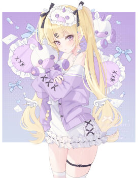  1girl black_ribbon blonde_hair blunt_bangs border camisole cardigan closed_mouth commentary_request cowboy_shot detached_wings frilled_camisole frilled_pillow frills hair_ornament hair_ribbon hairband hairclip heart heart-shaped_pillow highres holding holding_stuffed_toy long_hair long_sleeves looking_at_viewer mole mole_under_eye open_cardigan open_clothes original outside_border pillow purple_background purple_cardigan purple_eyes ribbon solo stuffed_animal stuffed_toy stuffed_unicorn twintails white_border white_camisole white_hairband wings yu_o015 