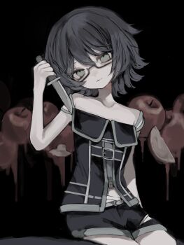  1girl :3 absurdres apple bespectacled black-framed_eyewear black_background black_hair black_shorts closed_mouth food fruit fruit_background glasses green_eyes hand_up head_tilt highres holding holding_knife knife looking_at_viewer manuka_x_x orkastle pale_skin reiya_(orkastle) semi-rimless_eyewear short_hair short_shorts shorts simple_background sitting sleeveless solo spaghetti_strap under-rim_eyewear 