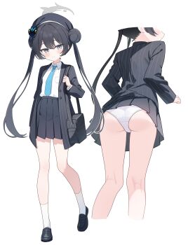 1girl absurdres bag beret black_bag black_footwear black_hair black_skirt blue_archive blue_necktie blush breast_pocket butterfly_hair_ornament clenched_hand commentary cropped_head cropped_legs double_bun embarrassed grey_eyes hair_between_eyes hair_bun hair_ornament halo hat highres kisaki_(blue_archive) long_hair looking_at_viewer mary_janes multiple_views necktie nonddu panties pinstripe_jacket pinstripe_pattern pleated_skirt pocket shirt shoes shoulder_bag simple_background skirt smile symbol-only_commentary twintails underwear upskirt very_long_hair white_background white_panties white_shirt rating:Sensitive score:70 user:danbooru