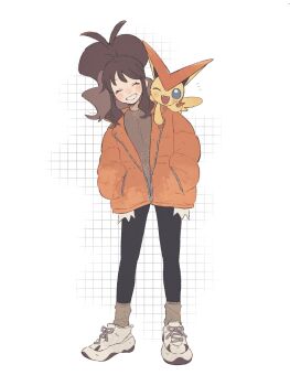  1girl black_leggings blue_eyes blush brown_hair brown_sweater closed_eyes coat gen_5_pokemon hands_in_pockets high_ponytail highres hilda_(pokemon) hime_(himetya105) legendary_pokemon leggings long_hair long_sleeves looking_at_viewer mythical_pokemon nintendo on_shoulder one_eye_closed open_mouth orange_coat pokemon pokemon_(creature) pokemon_bw pokemon_on_shoulder ponytail shoes sidelocks smile socks sweater v victini 