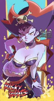  absurdres artist_name bandeau belt breasts brown_bandeau carrot character_name choker colored_skin commentary contrapposto earrings english_commentary hand_on_own_thigh harem_pants hat haysey highres hoop_earrings jewelry large_breasts leaning_forward lips looking_at_viewer loose_belt midriff navel pants patreon_username pirate_hat purple_hair purple_skin red_eyes risky_boots shantae_(series) skull subscribestar_username twitter_username watermark web_address wrist_cuffs 