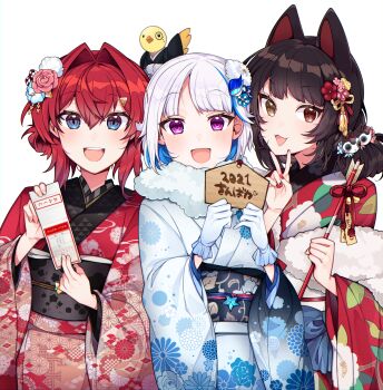  2021 3girls :3 :d absurdres alternate_costume ange_katrina animal animal_ears animal_hair_ornament animal_on_head arrow_(projectile) asa_no_ha_(pattern) bird bird_on_head black_sash blue_eyes blue_flower blue_hair blush brown_hair clothed_animal colored_inner_hair commentary_request dog_ears dog_girl double-parted_bangs ema fang floral_print floral_print_kimono flower frilled_gloves frills fur_shawl gloves gradient_eyes group_picture hair_between_eyes hair_flower hair_intakes hair_ornament hamaya hands_up heterochromia highres holding holding_arrow holding_ema holding_omikuji inui_toko japanese_clothes kanzashi kikumon kimono lize_helesta long_sleeves looking_at_viewer medium_hair mitsumine_(ookami_no_oyashiro) monocle multicolored_eyes multicolored_hair multiple_girls nail_polish new_year nijisanji obi obiage obidome obijime omikuji on_head open_mouth pink_flower print_kimono purple_eyes red_eyes red_hair red_kimono red_nails sanbaka_(nijisanji) sash sebastian_piyodore shawl simple_background slit_pupils smile streaked_hair teeth translation_request triangle_hair_ornament tsumami_kanzashi two-tone_hair upper_teeth_only v variant_set very_low_bun virtual_youtuber white_background white_flower white_gloves white_hair white_kimono yellow_bird yellow_eyes 