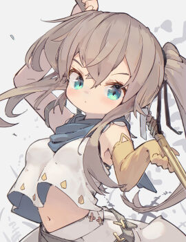  1girl absurdres bare_shoulders blush breasts brown_hair closed_mouth commentary dated_commentary double-parted_bangs elbow_gloves gloves grey_background hair_between_eyes highres holding holding_sword holding_weapon long_hair looking_at_viewer medium_breasts navel nep_(nep_76) original shirt simple_background single_elbow_glove sleeveless sleeveless_shirt solo sword upper_body weapon white_shirt yellow_gloves 