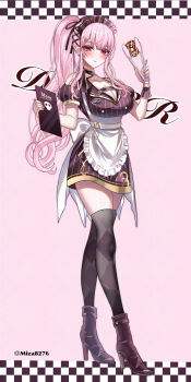  1girl absurdres apron black_thighhighs blush boots breasts brown_boots cleavage clipboard closed_mouth commentary full_body high_heel_boots high_heels high_ponytail highres holding holding_clipboard hololive hololive_english large_breasts long_hair looking_at_viewer miza8276 mori_calliope pink_background pink_hair ponytail short_sleeves simple_background smile solo standing symbol-only_commentary thighhighs very_long_hair virtual_youtuber white_apron zettai_ryouiki 