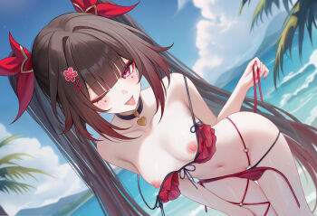  1girl ;p absurdres alternate_costume beach bikini black_bikini black_choker black_hair blue_sky breasts cc_lin censored choker cleft_of_venus cloud commentary_request day facial_mark hair_ornament hairclip highres honkai:_star_rail honkai_(series) layered_bikini leaning_forward long_hair mosaic_censoring navel nipples ocean one_eye_closed open_clothes outdoors paid_reward_available parallel_hairclips purple_eyes pussy red_bikini sky small_breasts solo sparkle_(honkai:_star_rail) stomach swimsuit tongue tongue_out twintails untied_bikini variant_set very_long_hair  rating:Explicit score:98 user:danbooru