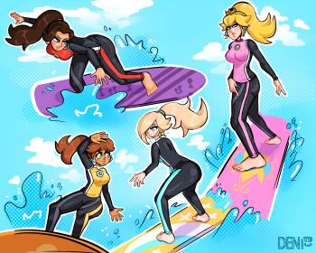  4girls barefoot blonde_hair blue_eyes bodysuit breasts brooch brown_hair cloud commentary crown dark-skinned_female dark_skin day deniitd diving_suit earrings english_commentary feet flower_brooch flower_earrings freckles gold_earrings hair_over_one_eye highres jewelry long_hair long_sleeves mario_(series) multiple_girls nintendo outdoors pauline_(mario) ponytail princess_daisy princess_peach rosalina sphere_earrings star_(symbol) star_earrings surfboard toes wetsuit 