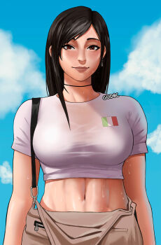  1girl alternate_costume arms_at_sides artist_name black_hair blue_sky blush brown_lips brown_pants choker closed_mouth cloud crop_top day earrings female_focus final_fantasy final_fantasy_vii final_fantasy_vii_remake gud0c highres italian_flag italian_senate_porn_livestream_(meme) italian_senate_porn_livestream_(meme) jewelry long_hair looking_at_viewer meme midriff navel pants red_eyes see-through_clothes shiny_clothes shiny_skin shirt short_sleeves single_sidelock sky smile solo square_enix stomach suspenders sweat swept_bangs taut_clothes taut_shirt tifa_lockhart toned upper_body wet wet_clothes wet_shirt white_shirt  rating:Sensitive score:65 user:danbooru