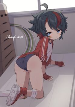  1girl ahoge ass bandaged_leg bandages bandaid bandaid_on_cheek bandaid_on_face black_hair blue_buruma blue_eyes blush buruma closed_mouth commission day fingerless_gloves gloves gym_shirt gym_storeroom gym_uniform hoop hula_hoop jacket loli long_sleeves looking_at_viewer looking_back multicolored_hair open_clothes open_jacket original panties panties_under_buruma parted_bangs pixiv_commission puffy_long_sleeves puffy_sleeves red_gloves red_hair red_jacket red_shoes shirt shoe_soles shoes solo streaked_hair sunlight track_jacket twitter_username underwear usagimiko vaulting_horse white_panties white_shirt window 