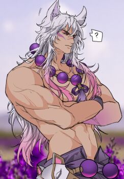  1boy animal_ears bead_necklace beads closed_mouth collarbone crossed_arms facial_mark flower gradient_hair grey_hair hashtag-only_commentary highres jewelry league_of_legends long_hair looking_ahead male_focus multicolored_hair muscular muscular_male musical_note navel necklace outdoors pectorals purple_flower red_eyes ronpu_cooing sett_(league_of_legends) solo spoken_musical_note topless_male veins veiny_arms very_long_hair wolf_boy wolf_ears 