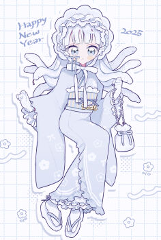  1girl bag blue_bonnet blue_eyes blue_kimono blue_sash blush_stickers bonnet closed_mouth commentary_request frilled_kimono frilled_sleeves frills full_body gloves grid_background highres holding holding_bag japanese_clothes kimono long_hair long_sleeves looking_at_viewer niyu_(nennenkorori3) original sandals sash snake_hair socks solo tabi vertical-striped_sash white_background white_gloves white_hair white_sandals white_socks wide_sleeves 