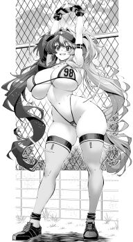  1girl bikini breasts large_breasts micro_bikini monochrome original rakko_(r2) swimsuit twintails 
