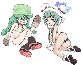 2girls :d :o ass bikini blue_archive blue_bikini boots green_bikini green_eyes green_hair green_hat hat inedible loli long_hair looking_at_viewer momiji_(blue_archive) multiple_girls nintendo open_mouth pokemon pokemon_legends:_arceus sabi_(pokemon) sitting smile swimsuit thick_eyebrows white_background