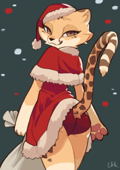  1girl absurdres ass blue_background body_fur brown_eyes capelet cheetah_girl christmas clothing_cutout dress female_focus from_behind fur-trimmed_capelet fur-trimmed_dress fur_trim furry furry_female half-closed_eyes hat highres holding holding_sack kadim looking_back original panties pawpads red_capelet red_dress red_panties sack santa_hat simple_background smile snow solo tail tail_lift tail_through_clothes thighs underwear 