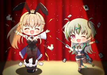  2girls :d ;d ^_^ absurdres animal_ear_hairband animal_ears asymmetrical_gloves bare_shoulders black_gloves black_hairband black_leotard black_pantyhose black_shorts blonde_hair blush blush_stickers braid breasts brown_thighhighs chibi chibi_only cleavage closed_eyes commentary_request covered_navel crop_top curtains detached_sleeves facing_viewer fake_animal_ears fish_hair_ornament full_body gloves green_hair green_streaks hair_between_eyes hair_ornament hairband half_up_braid happy hat heart heart_in_mouth heaven_burns_red highres large_breasts leotard long_hair looking_at_viewer magician medium_breasts midriff mismatched_gloves multicolored_hair multiple_girls official_alternate_costume official_alternate_hairstyle one_eye_closed ooshima_isuzu ooshima_isuzu_(magic_of_smiles) open_mouth outstretched_arms pantyhose pink_eyes playboy_bunny ponytail puff_of_air rabbit_ear_hairband rabbit_ears short_shorts shorts sidelocks single_sleeve sizmaru11 smile smug spotlight stage standing standing_on_one_leg strapless strapless_leotard streaked_hair striped_clothes striped_thighhighs thighband_pantyhose thighhighs top_hat toujou_tsukasa toujou_tsukasa_(bunny_fight_deviation) unworn_hat unworn_headwear v-shaped_eyebrows vertical-striped_clothes vertical-striped_thighhighs very_long_hair white_gloves white_wrist_cuffs wrist_cuffs zettai_ryouiki 