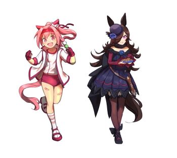  2girls animal_ears bandaid bandaid_on_leg bare_shoulders black_thighhighs blue_flower blue_hat blue_rose blush bow brown_hair buruma commentary cookie dagger dango dress ear_bow ear_covers english_commentary fascinator fingerless_gloves flipped_hair flower flower-shaped_pupils flower_in_eye food fur_choker gloves hair_over_one_eye hairband haru_urara_(bestest_prize)_(umamusume) haru_urara_(umamusume) hat hat_flower headband holding holding_food holding_plate horse_ears horse_girl horse_tail jacket knife long_hair long_sleeves looking_at_viewer martypcsr multiple_girls off-shoulder_dress off_shoulder open_mouth pink_buruma pink_eyes pink_hair pink_headband plate ponytail purple_eyes red_buruma red_gloves red_headband rice_shower_(rosy_dreams)_(umamusume) rice_shower_(umamusume) rose sanshoku_dango sheath sheathed shirt simple_background smile socks striped_clothes striped_socks symbol-shaped_pupils symbol_in_eye tail thighhighs tilted_headwear umamusume wagashi weapon white_background white_jacket white_shirt 