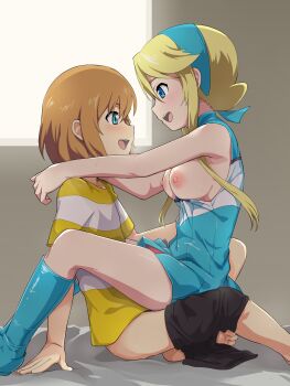  1boy 1girl age_difference bed_sheet black_shorts blonde_hair blue_boots blue_dress blue_eyes blue_headband blush boots breasts breasts_out breath brown_hair cheerleader cowgirl_position dress headband heroman hetero highres joey_jones lina_davis long_hair looking_at_another medium_breasts medium_hair multicolored_dress nanina_(nijnan) nipples open_clothes open_mouth sex shirt short_dress shorts shota sidelocks sleeveless sleeveless_dress straddling striped_clothes striped_shirt sunlight sweat swept_bangs teenage_girl_and_younger_boy thighs vaginal window yellow_shirt 