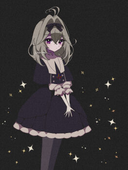  1girl antenna_hair black_background black_capelet black_dress black_ribbon capelet closed_mouth commentary dress expressionless feet_out_of_frame frilled_dress frilled_sleeves frills grey_pantyhose hair_intakes hair_ribbon highres jewelry katsuragi_atori light_frown looking_at_viewer medium_dress medium_hair meitantei_precure! moria_luluka necklace own_hands_together pantyhose precure purple_eyes ribbon solo sparkle standing v_arms 