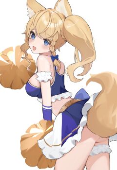  1girl animal_ears arm_scrunchie bare_shoulders blonde_hair blue_eyes blue_skirt braid braided_sidelock breasts cheerleader commentary_request commission crop_top etoria highres indie_virtual_youtuber large_breasts long_hair looking_at_viewer open_mouth pom_pom_(cheerleading) scrunchie side_ponytail simple_background skeb_commission skirt sleeveless solo thigh_strap virtual_youtuber white_background white_scrunchie 