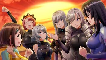  6+girls :3 aoi_misa aqua_eyes arm_up black_bodysuit black_hair black_headdress blue_bodysuit bodysuit breasts brown_hair building cleavage clenched_hand clenched_hands closed_eyes closed_mouth cloud diving_suit drill_hair dutch_angle evening game_cg green_eyes grey_hair hair_flaps hair_intakes hair_ornament hairclip hand_on_own_hip hand_up hands_up highres hime_cut kandagawa_jet_girls kurenai_kamui large_breasts long_hair looking_at_another low_twintails maid_headdress mamiya_naraku manpuku_kuromaru medium_breasts multicolored_hair multiple_girls namiki_rin naruko_hanaharu non-web_source official_art ojou-sama one_eye_closed open_mouth outdoors pink_eyes profile purple_eyes purple_hair railing red_hair red_sky see-through_cleavage see-through_clothes shijuuin_kaguya short_hair sidelocks sideways_mouth sky smile streaked_hair sunset symbol-shaped_pupils twin_drills twintails two-tone_hair upper_body very_long_hair wetsuit yellow_bodysuit 
