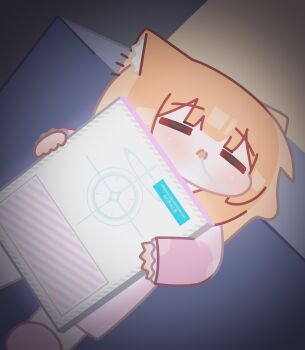  1girl animal_ear_fluff animal_ears blue_archive blunt_bangs blush chibi closed_eyes commentary drooling english_commentary halo highres holding horuhara long_sleeves lying mari_(blue_archive) no_nose on_back open_mouth orange_hair pajamas pink_pajamas pink_slippers polka_dot polka_dot_pajamas recruitment_(blue_archive) saliva sleeping slippers solo yellow_halo 