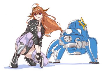  1girl ahoge amane_kanata black_jacket breasts brown_hair cleavage collarbone commentary_request cosplay fingerless_gloves floating_hair ghost_in_the_shell ghost_in_the_shell:_stand_alone_complex gloves gun highres holding holding_gun holding_weapon hololive horns jacket kiryu_coco kusanagi_motoko kusanagi_motoko_(cosplay) leotard mechanization non-humanoid_robot open_clothes open_jacket red_eyes robot sketch smile squatting tachikoma thighhighs virtual_youtuber weapon white_background yamada_yuukei 