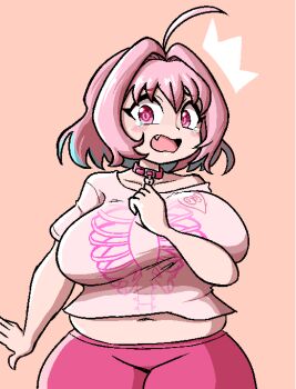  1girl ahoge blue_hair breasts collar collarbone fang hair_intakes heart_collar huge_ahoge huge_breasts idolmaster idolmaster_cinderella_girls jaggy_lines multicolored_hair navel open_mouth pants pink_background pink_collar pink_eyes pink_hair pink_pants plump print_shirt quarium shirt short_hair simple_background skeleton_print solo tears two-tone_hair white_shirt yumemi_riamu 