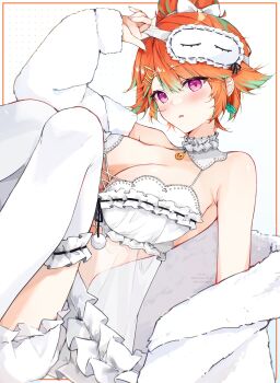  1girl absurdres babydoll breasts chemise cleavage commentary detached_collar earrings fluffy_clothes frilled_shorts frilled_thighhighs frills fur_jacket green_hair hair_bun hair_ornament hair_ribbon hairclip highres hololive hololive_english jacket jewelry large_breasts looking_at_viewer multicolored_hair official_alternate_costume official_alternate_hairstyle orange_hair purple_eyes ribbon see-through_clothes shorts simple_background sleep_mask takanashi_kiara takanashi_kiara_(cozy) thighhighs two-tone_hair virtual_youtuber white_babydoll white_background white_chemise white_jacket white_shorts white_thighhighs yuzureei 