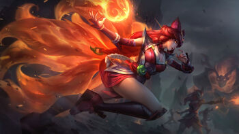  1girl ahri_(league_of_legends) animal_ears ashes battle black_socks braid braided_ponytail breasts commentary english_commentary facial_mark fiery_tail fingernails fire fox_ears fox_girl fox_tail foxfire_ahri glowing glowing_eyes hair_ornament highres jeremy_chong kitsune knee_pads league_of_legends long_fingernails looking_ahead medium_breasts multiple_tails official_alternate_costume official_alternate_hair_color official_art orb outdoors parted_lips people red_hair red_nails red_shoes rope_belt shoes socks solo_focus tail whisker_markings yellow_eyes 