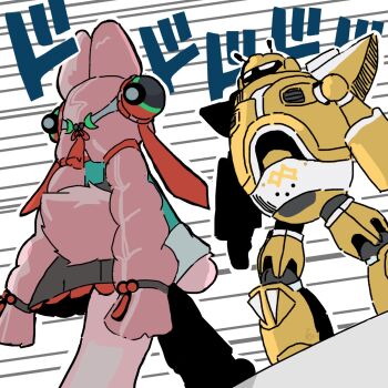  1girl animal_ears braid braided_twintails commentary confrontation dodododo english_commentary from_behind furry furry_female green_shirt highres jojo_no_kimyou_na_bouken kba_000 long_hair mecha meme oh?_you're_approaching_me?_(meme) parody pink_fur pink_hair pink_tail rabbit_ears rabbit_girl rabbit_tail robot scene_reference shirt sound_effects tail walking white_background zenless_zone_zero zhao_(zenless_zone_zero) 