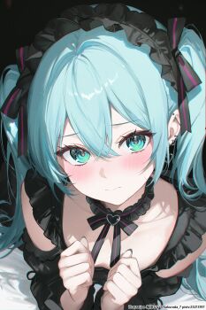  1girl absurdres artist_name black_background black_dress blue_eyes blue_hair blush breasts choker clothing_cutout collarbone commentary crossed_bangs dress ear_piercing earrings frilled_choker frilled_hairband frills hair_between_eyes hairband hatsune_miku heart heart_choker highres jewelry long_hair looking_at_viewer neck_ribbon piercing pixiv_id ribbon sakurada_nana shoulder_cutout small_breasts solo twitter_username upper_body upturned_eyes vocaloid 