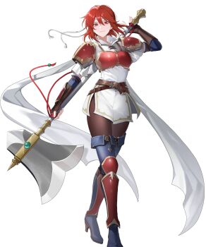  1girl arm_guards armor axe belt black_pantyhose blue_boots boots breastplate breasts brown_belt brown_gloves closed_mouth dress fingerless_gloves fire_emblem fire_emblem:_mystery_of_the_emblem fire_emblem:_shadow_dragon fire_emblem_heroes full_body gloves gold_trim greaves headband high_heel_boots high_heels highres holding holding_axe holding_behind_back holding_weapon holding_weapon_behind_back looking_at_viewer minerva_(above_the_stars)_(fire_emblem) minerva_(fire_emblem) multiple_belts nintendo non-web_source official_alternate_costume official_art pantyhose pauldrons red_armor red_eyes red_hair riz3 shin_guards short_dress short_hair short_sleeves shoulder_armor simple_background solo tachi-e thigh_boots weapon white_dress white_headband 