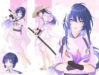  1boy alternate_hair_length alternate_hairstyle armor barefoot bishie_sparkle black_bow black_sash blush bow brown_hat brown_sandals cherry_blossoms chibi chibi_inset choppy_bangs closed_mouth clothing_cutout colored_inner_hair egasumi eyeliner falling_petals fighting_stance food fruit full_body genshin_impact geta hands_on_own_thighs hat head_tilt holding holding_food holding_fruit holding_sheath holding_sword holding_weapon japanese_armor japanese_clothes kariginu katana kimono kote kurokote lavender_melon_(genshin_impact) layered_sleeves long_hair looking_at_viewer makeup male_focus multicolored_hair open_mouth ox_guard pants parted_bangs pelvic_curtain petals pink_petals pom_pom_(clothes) purple_eyes purple_hair purple_kimono purple_sleeves red_eyeliner sandals sandogasa sash scaramouche_(genshin_impact) scaramouche_(kabukimono)_(genshin_impact) seiza sheath sheathed short_sleeves shoulder_cutout side_cutout sidelocks simple_background sitting sleeves_rolled_up smile solo straw_hat string sword tasuki teeth tiniloaf toes tsurime upper_teeth_only very_long_hair weapon white_pants 