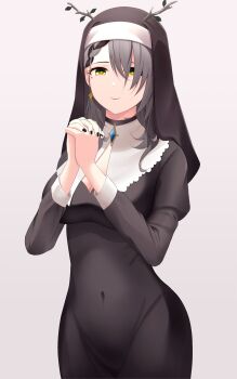  1girl alternate_costume alternate_hair_color antlers black_dress black_nails black_veil breasts ceres_fauna cleavage_cutout closed_mouth clothing_cutout commentary covered_navel cowboy_shot dress drey525 english_commentary fingernails grey_background grey_hair hands_up highres hololive hololive_english horns large_breasts long_hair long_sleeves looking_at_viewer mole mole_under_eye nail_polish nun own_hands_clasped own_hands_together parted_bangs simple_background smile solo veil virtual_youtuber yellow_eyes 
