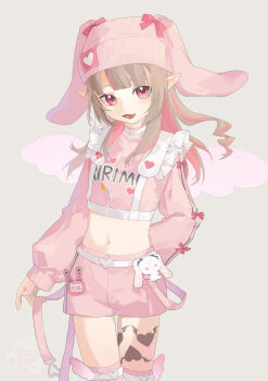  1girl absurdres alamp animal_ears beanie belt blunt_bangs bow buckle character_name chest_harness clothes_writing colored_inner_hair cowboy_shot cropped_jacket drill_hair fake_animal_ears fang floppy_ears frills hair_down harness hat hat_bow heart heart-shaped_buckle highres jacket leg_tattoo long_hair looking_at_viewer loose_belt makaino_ririmu midriff multicolored_hair name_tag navel nijisanji official_alternate_costume official_alternate_hairstyle open_mouth pants pink_belt pink_hair pink_jacket pink_ribbon pink_shorts pink_thighhighs pointy_ears rabbit_ears red_eyes ribbon short_shorts shorts sidelocks simple_background sleeves_past_wrists standing streaked_hair stuffed_animal stuffed_toy tattoo thighhighs track_jacket track_pants virtual_youtuber white_background white_belt white_wings winged_heart winged_heart_tattoo wings 
