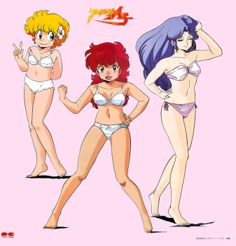  1980s_(style) 3girls arm_behind_back arm_up barefoot blonde_hair blue_hair bra clenched_hand closed_eyes copyright_notice daitokuji_biko flower green_eyes hair_flower hair_ornament hand_on_own_head hand_on_own_hip kotobuki_shiiko legs_apart long_hair looking_at_viewer magami_eiko multiple_girls navel non-web_source official_art oldschool open_mouth panties pink_background pink_bra pink_panties project_a-ko red_eyes red_hair retro_artstyle short_hair simple_background smile standing strapless strapless_bra tiptoes underwear underwear_only w white_bra white_panties 