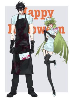  1boy 1girl absurdres alternate_costume alternate_hairstyle aotu_world apron black_apron black_gloves black_hair black_pants black_shoes black_thighhighs blood blood_on_clothes blood_on_face blood_splatter bloody_weapon blush breasts closed_mouth dress elbow_gloves english_text facial_scar full_body garter_straps genderswap genderswap_(mtf) glint gloves green_hair grey_background hair_between_eyes hair_down halloween_costume happy_halloween hat high_heels highres holding holding_knife holding_syringe knife leg_up long_hair looking_at_viewer medium_breasts nurse nurse_cap pants pink_blood pointy_ears ray_(aotu_world) scar scar_on_arm scar_on_cheek scar_on_face scar_on_neck shirt shoes short_dress short_hair short_sleeves sidelocks smile standing standing_on_one_leg syringe thighhighs very_long_hair weapon white_dress white_shirt white_shoes xander_(aotu_world) yellow_eyes yigeniuren 