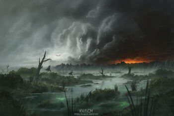  3boys artist_name commentary english_commentary fellbeast fog frodo_baggins gollum grass kvacm mountain multiple_boys outdoors overcast samwise_gamgee scenery sky the_lord_of_the_rings tolkien's_legendarium tree water wetland 