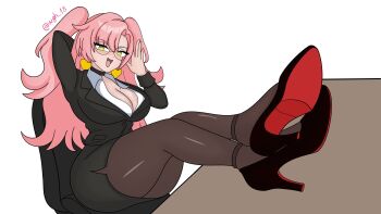  1girl absurdres alternate_costume arm_behind_head artist_name breasts cleavage earrings green_eyes heart heart_earrings high_heels highres jewelry large_breasts long_hair looking_at_viewer mole nicole_demara office_lady pantyhose pink_hair sitting smile solo thighs two_side_up wgh18 zenless_zone_zero  rating:Sensitive score:4 user:danbooru