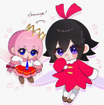  2girls alt_0218 alternate_hairstyle black_hair blush braid commentary_request cosplay costume_switch crown dress fairy fairy_wings glasses grey_background hair_ribbon hairstyle_switch heart highres kirby_(series) kirby_64 low_twin_braids multiple_girls nintendo pink_hair purple_eyes red_dress ribbon ribbon_(kirby) ripple_star_queen simple_background skirt sleeves_past_fingers sleeves_past_wrists socks twin_braids white_socks wings 