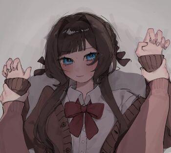  2girls blue_eyes blush bow bowtie brown_cardigan cardigan closed_mouth collared_shirt columbina_(genshin_impact) commentary_request female_pov genshin_impact highres holding_another's_wrist looking_at_viewer multiple_girls negi_negi_dayo pink_cardigan pinned pov red_bow red_bowtie sandrone_(genshin_impact) shirt sweat white_shirt yuri 