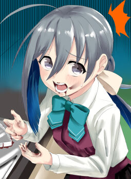  1girl ^^^ ahoge blue_hair chocolate chocolate_on_face collared_shirt colored_inner_hair commentary_request dress dress_shirt food food_on_face gradient_hair grey_eyes grey_hair hair_between_eyes hair_bun halter_dress halterneck highres kantai_collection kiyoshimo_(kancolle) kiyoshimo_kai_ni_(kancolle) low_twintails multicolored_hair nekotarou_(nktr299) open_mouth purple_dress shirt solo teeth twintails white_shirt 