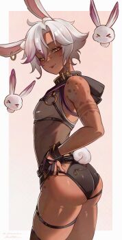  1boy :p absurdres akumana animal_ear_piercing animal_ears ass bare_shoulders black_gloves black_shorts black_thighhighs border commentary dark-skinned_male dark_skin english_commentary freckles gloves highres looking_at_viewer male_focus multicolored_hair nail_polish original outside_border partially_fingerless_gloves purple_hair purple_nails rabbit rabbit_ears rabbit_tail short_hair shorts signature simple_background single_thighhigh solo streaked_hair tail thigh_strap thighhighs tongue tongue_out twitter_username white_border white_hair 