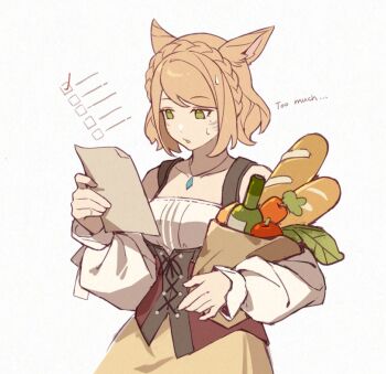  1girl 9yuki animal_ears bag baguette blonde_hair bottle bread carrot cat_ears cat_girl collarbone cross-laced_clothes cross-laced_dress english_text facial_mark final_fantasy final_fantasy_xiv food green_eyes holding holding_bag jewelry miqo'te original pendant shopping_bag shopping_list simple_background solo warrior_of_light_(ff14) white_background 