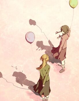  2girls arms_behind_back balloon black_skirt blonde_hair braid brown_hair brown_skirt closed_eyes from_above fuyuki_eru green_sweater hair_ribbon hashtag-only_commentary highres holding holding_balloon kneehighs long_hair long_sleeves madotsuki multiple_girls own_hands_together pink_sweater pink_water poniko ponytail red_ribbon ribbon shadow shoes skirt socks sweater twin_braids wading water yume_nikki 