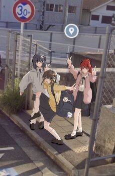  2snowseol2 3girls backpack bag black_hair black_ribbon black_skirt brown_hair character_request closed_mouth commentary_request copyright_request crossover day double_v gangzi_(vtuber) grey_hoodie grin highres hood hoodie indie_virtual_youtuber jacket korean_commentary leg_up loafers long_hair long_sleeves looking_at_viewer multicolored_hair multiple_girls neck_ribbon open_clothes open_jacket open_mouth outdoors outstretched_arms photo_background pink_jacket ponytail red_eyes red_hair ribbon school_uniform shirt shoes skirt smile socks spread_arms standing standing_on_one_leg stellive straight_hair streaked_hair tam_tambourine v white_shirt white_socks yellow_shirt 