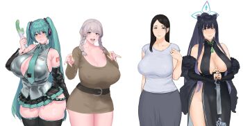  2girls absurdres aqua_hair aqua_necktie areola_slip bare_shoulders black_sleeves blue_archive blue_eyes blush borrowed_hairstyle breasts cleavage closed_mouth commentary cosplay covered_erect_nipples crossover crowd detached_sleeves dildo elbow_gloves front_slit gloves grey_shirt hair_between_eyes hair_ornament hatsune_miku hatsune_miku_(cosplay) headset highres holding holding_sex_toy large_breasts long_hair looking_at_viewer mashima_jirou mizuki_yukikaze mole mole_on_breast mole_under_eye multiple_girls necktie open_mouth original pleated_skirt plump revealing_clothes sagging_breasts sex_toy shirt shun_(blue_archive) skindentation skirt sleeveless sleeveless_shirt smile solo standing sweatdrop symbol-only_commentary taimanin_(series) taimanin_yukikaze thighhighs twintails very_long_hair vocaloid wavy_mouth 